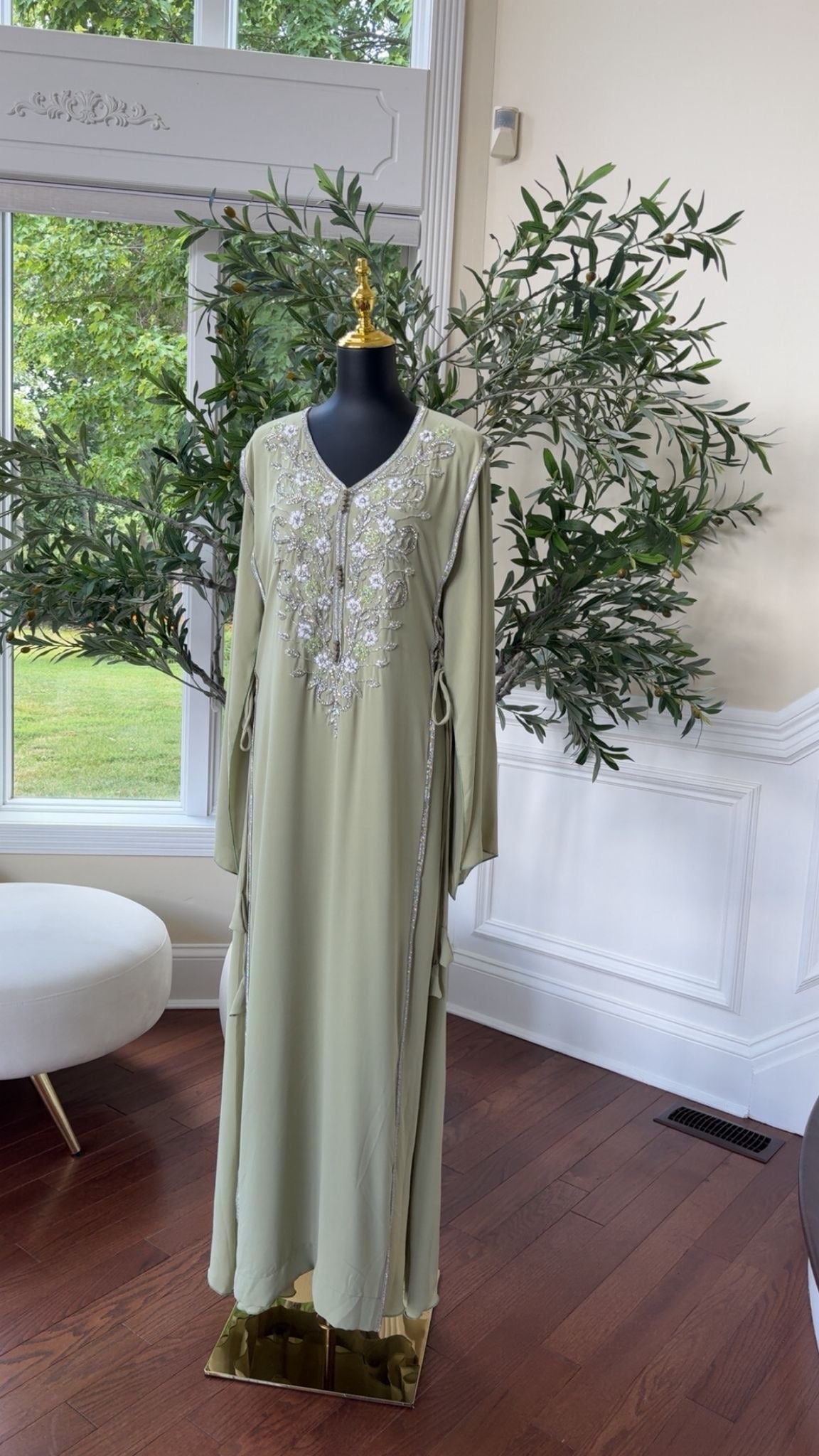 Elegant Sage Green Embroidered Kaftan – Formal Occasion Wear