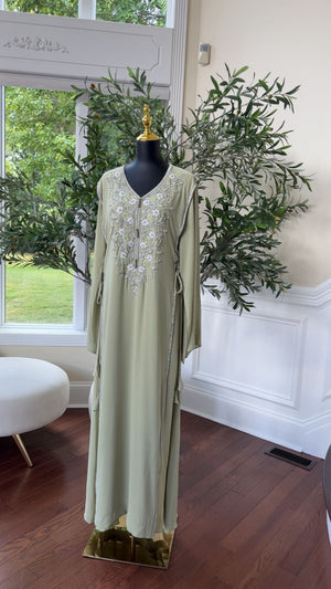 Elegant Sage Green Embroidered Kaftan – Formal Occasion Wear