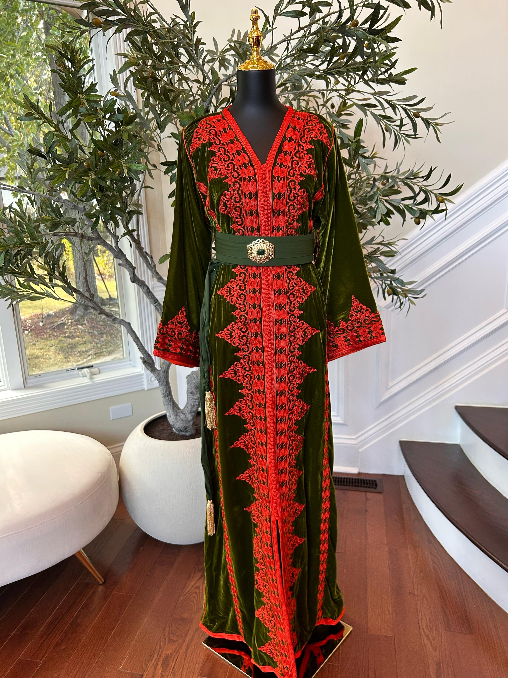 Olive Majestic Red Royale Kuftan