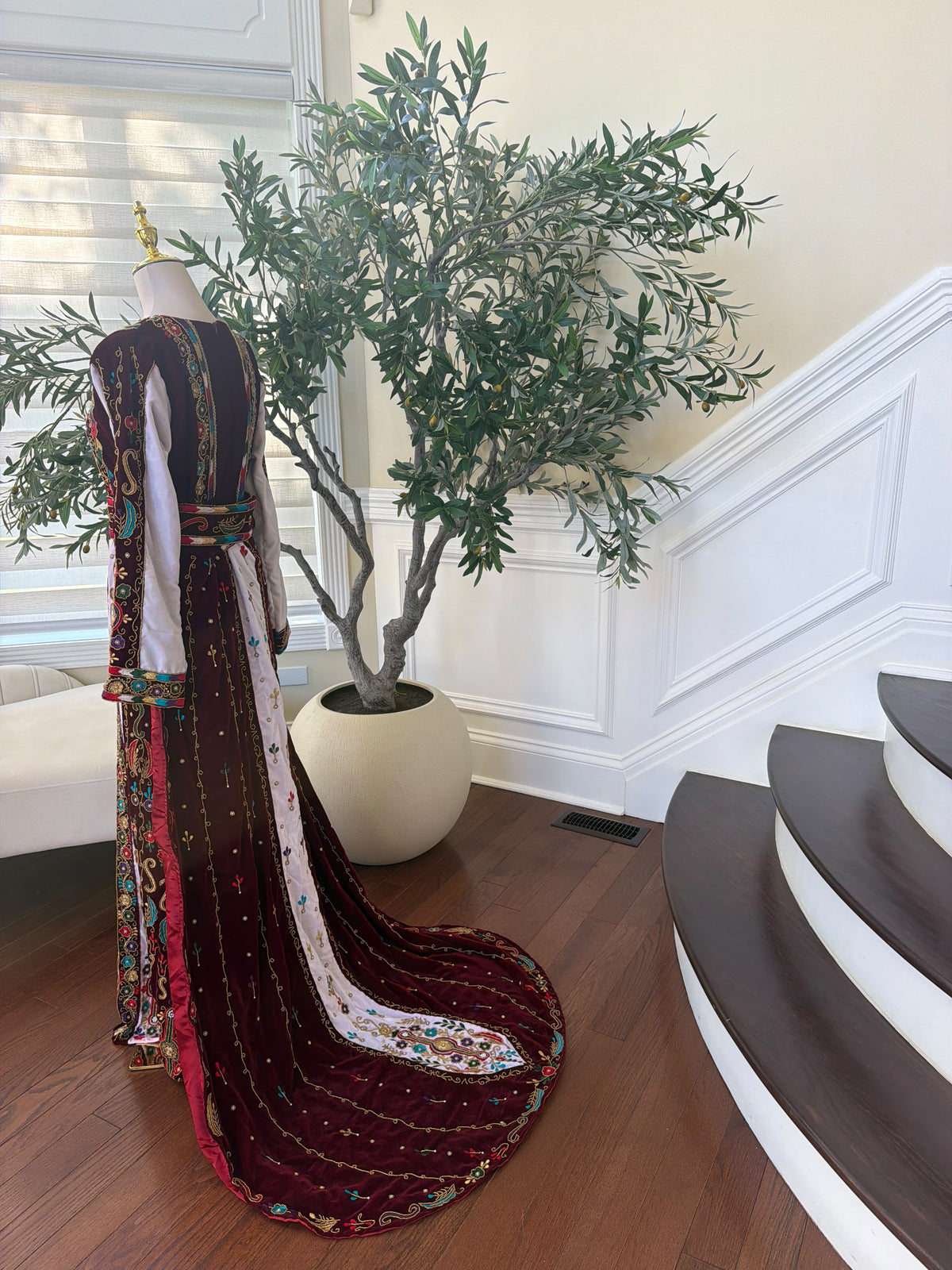 Elegant Burgundy Velvet Thobe with Colorful Embroidery and Matching Skirt included (scarf not included)