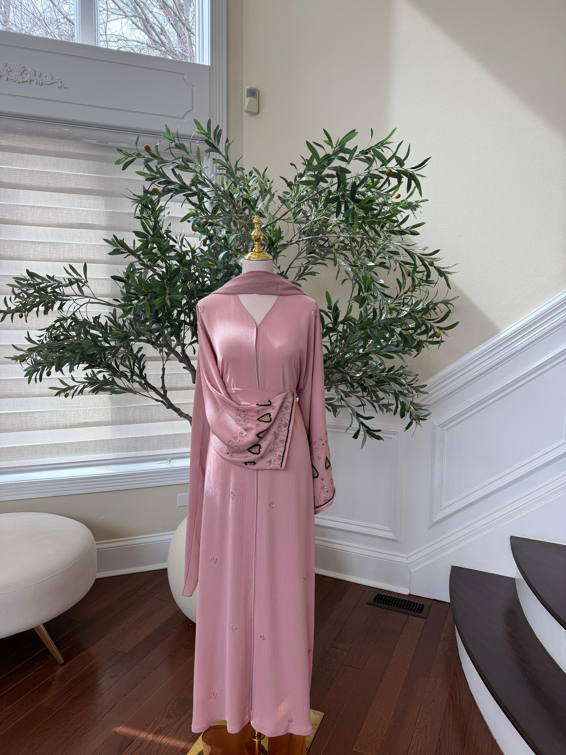 Pink Rose Sleeve Design Beaded Abaya
