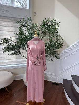 Pink Rose Sleeve Design Beaded Abaya