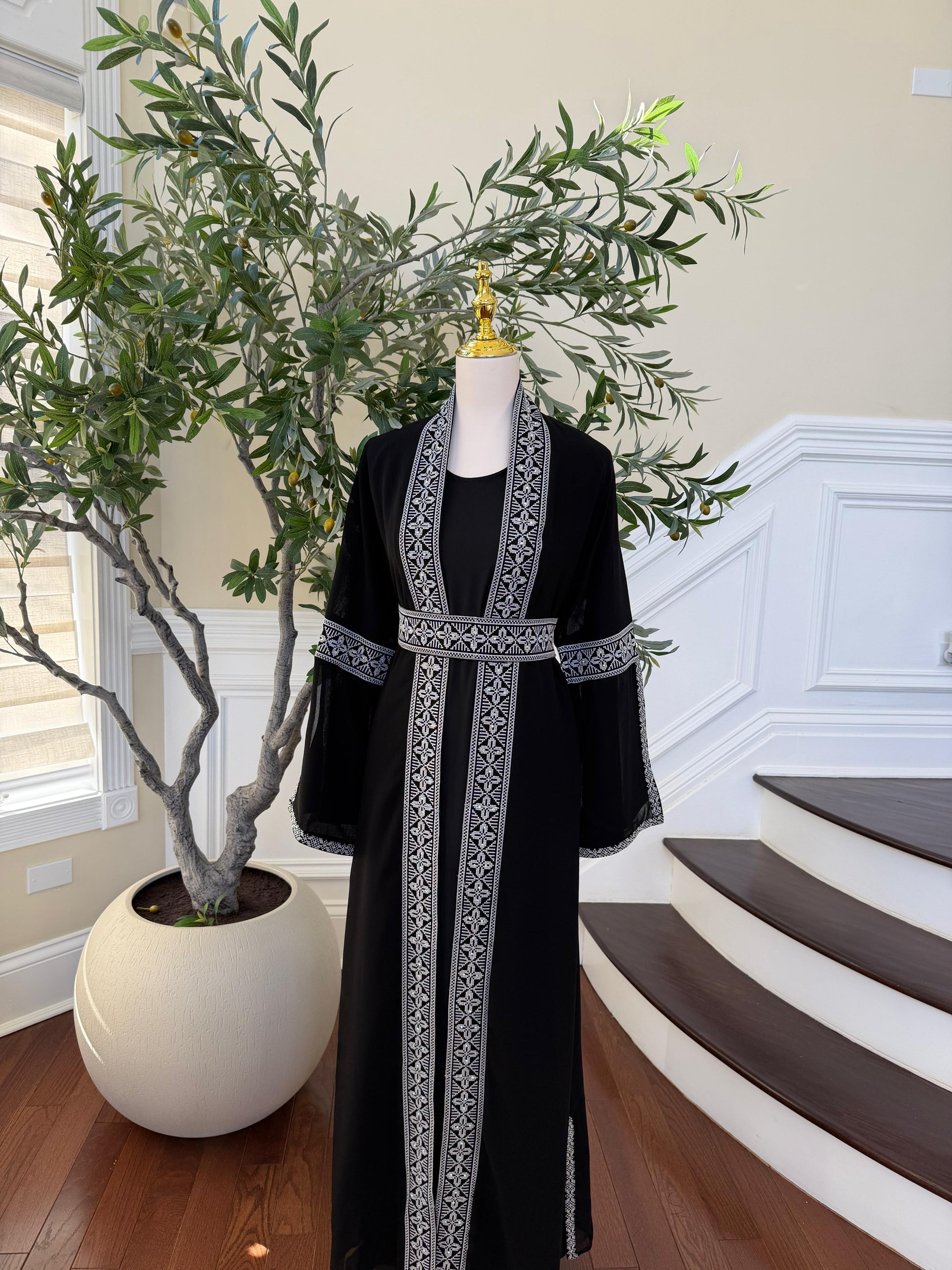 Black Two Piece Silver Embroidered Thobe