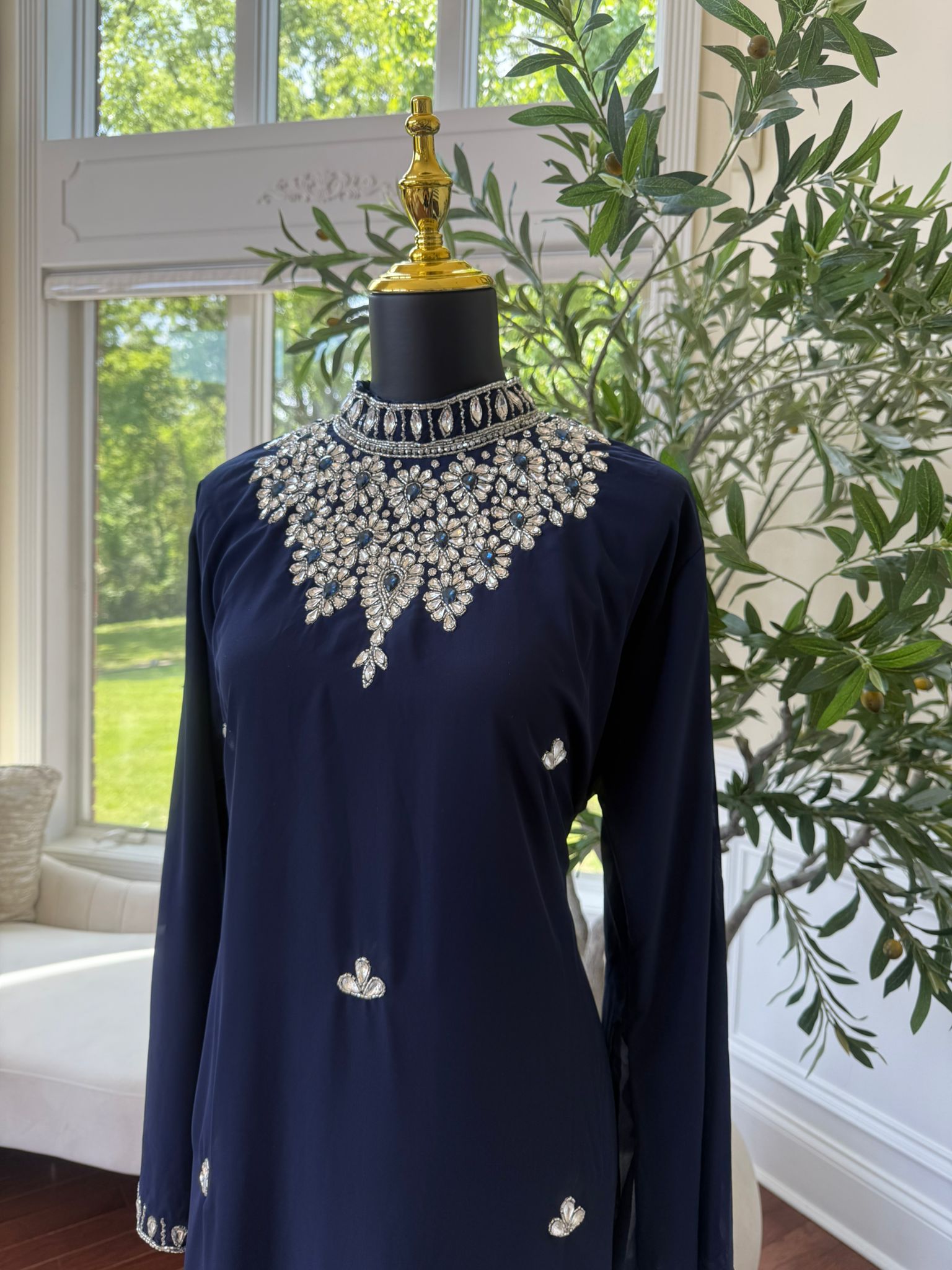 Navy High Neck Crystal Embellished Maxi Dress