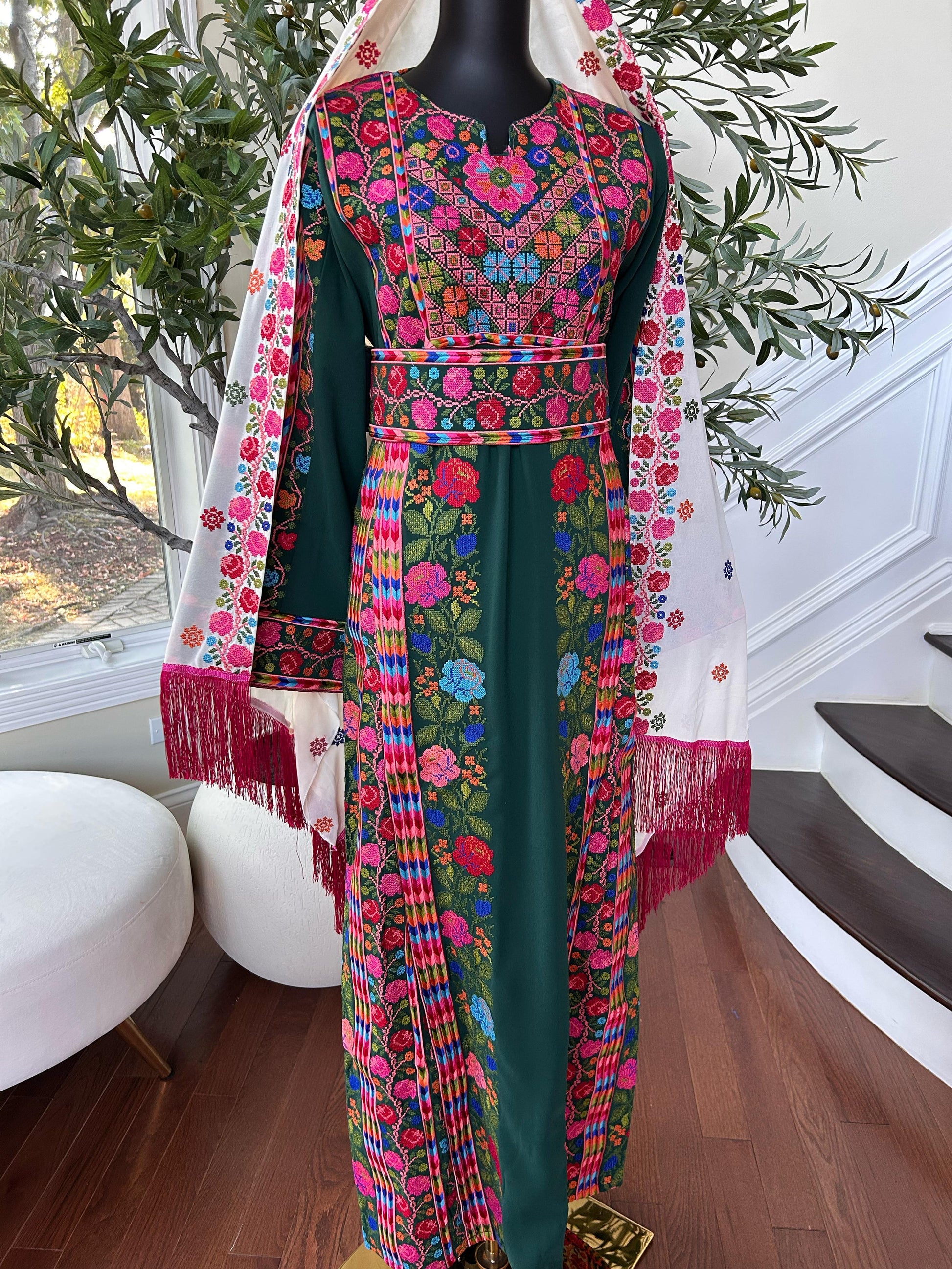 Green Floral Embroidered Tatreez Thobe