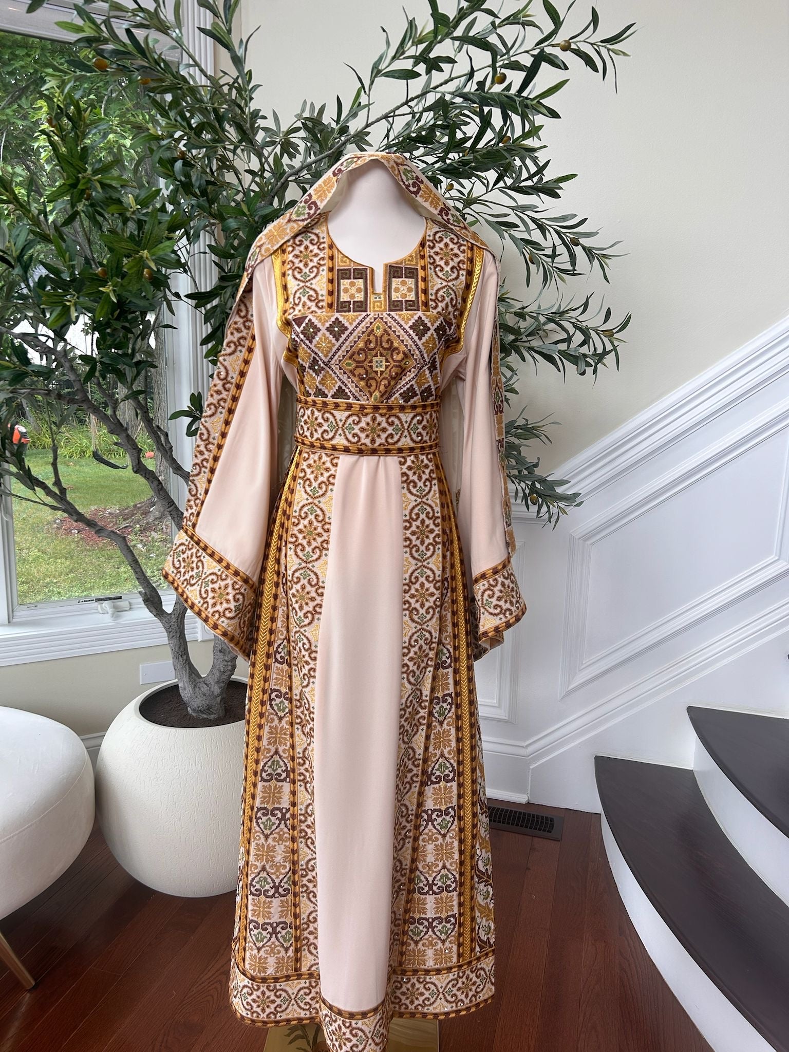Tan Elegance Embroidery Tatreez Golden Detail Thobe