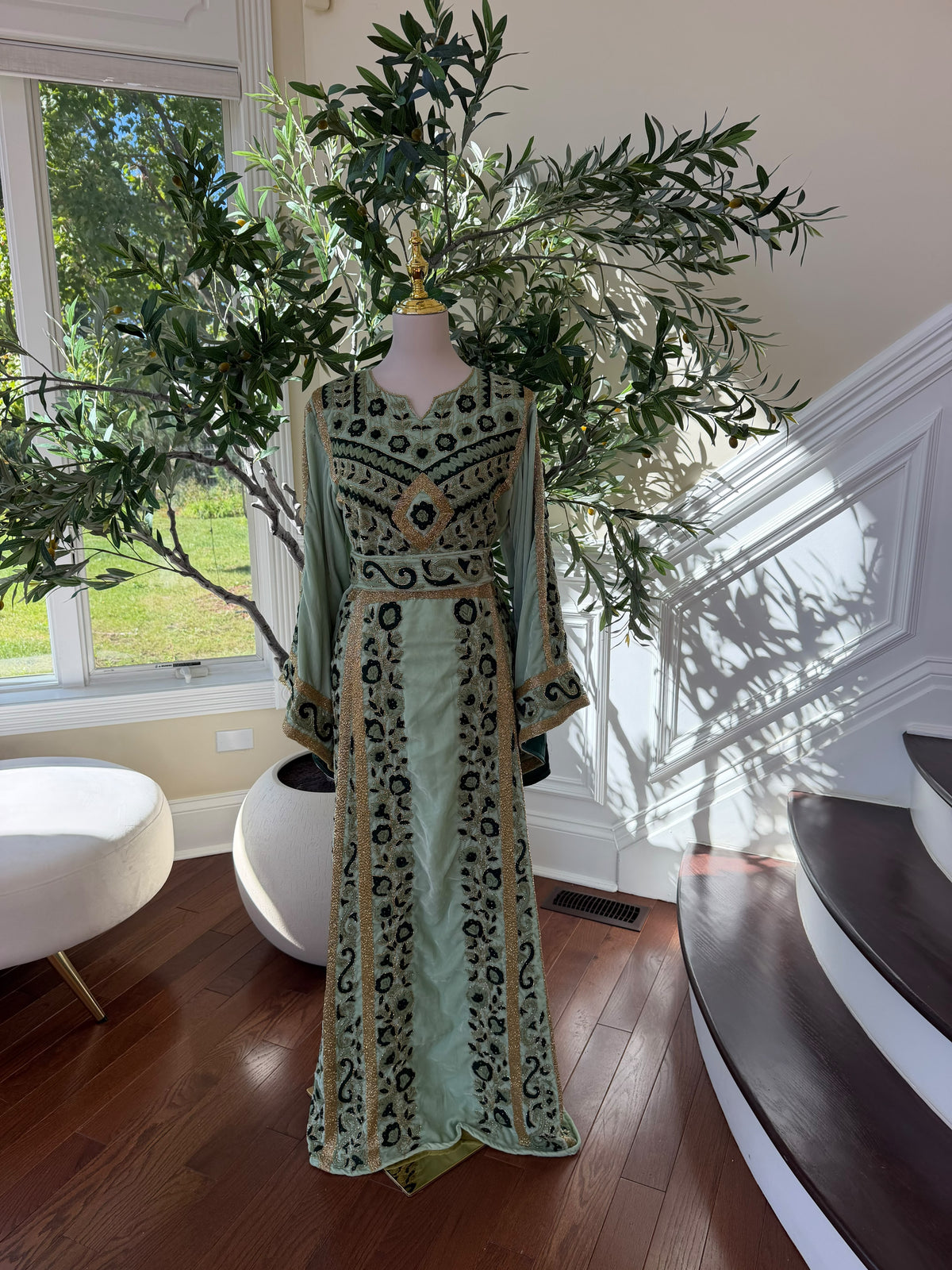 Sage Green & Gold Embroidered Palestinian Thobe (scarf not included)