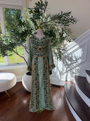 Sage Green & Gold Embroidered Palestinian Thobe (scarf not included)