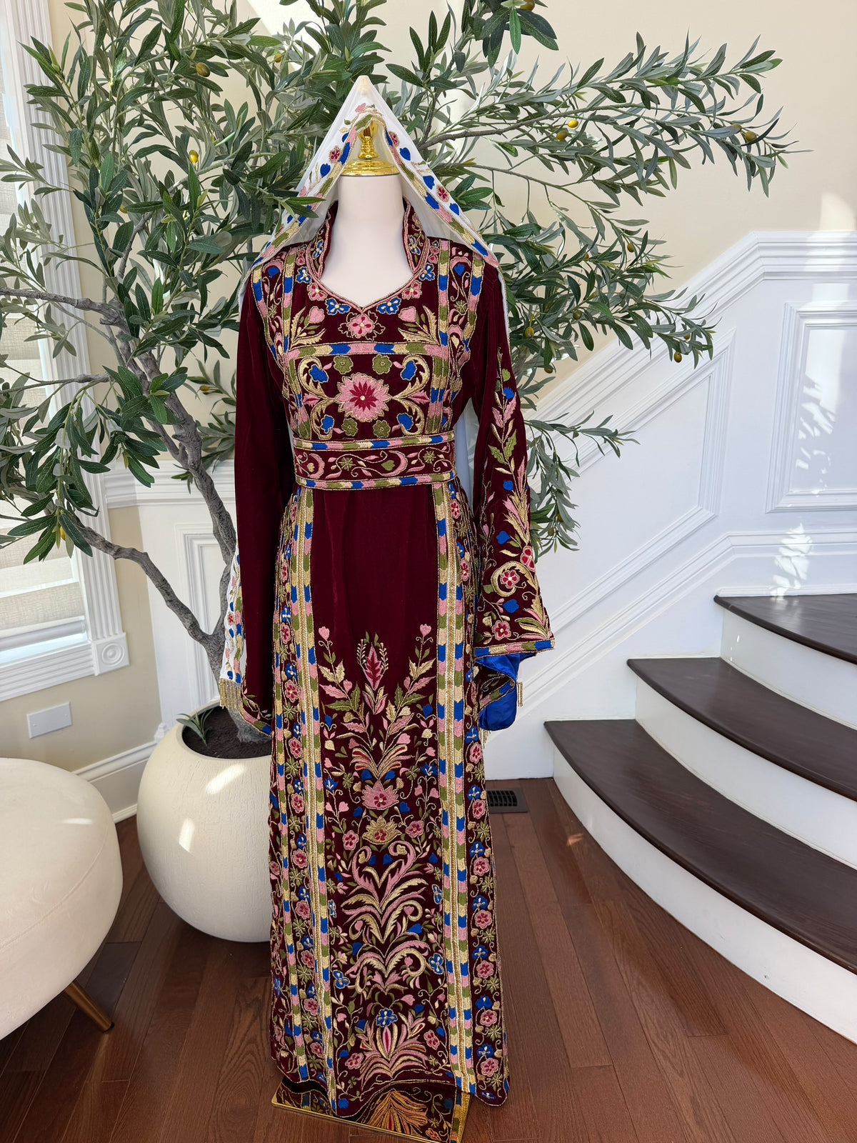 Elegant Burgundy Velvet Palestinian Thobe with Colorful Floral Embroidery(scarf not included)