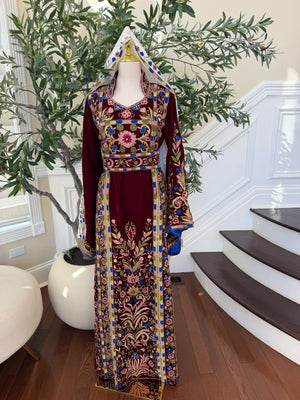 Elegant Burgundy Velvet Palestinian Thobe with Colorful Floral Embroidery(scarf not included)