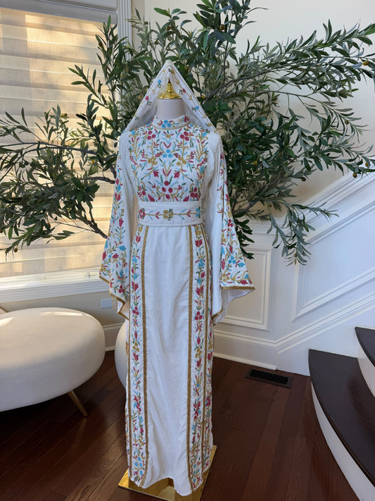 Elegant White Floral Embroidered Palestinian Thobe with Gold Detailing(scarf not included)