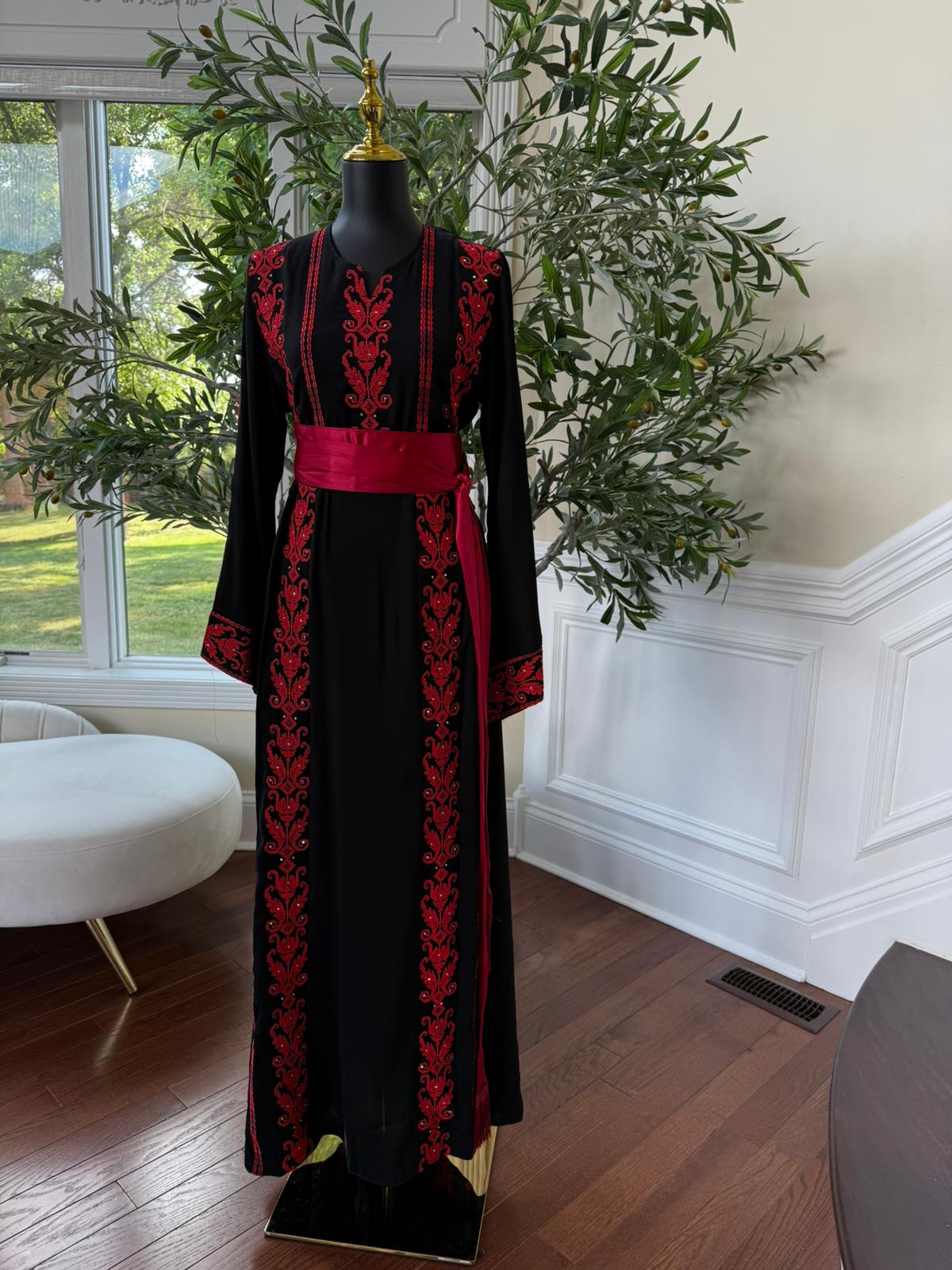 Red Embroidery Black Tatreez Thobe
