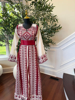 White Traditional Embroidery Red Tatreez Thobe
