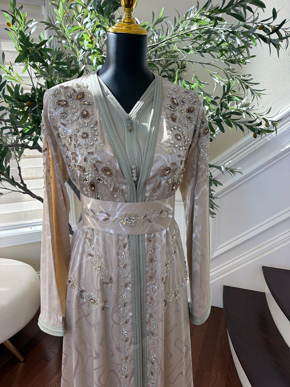 Elegant Champagne Beige Embroidered Moroccan Kaftan