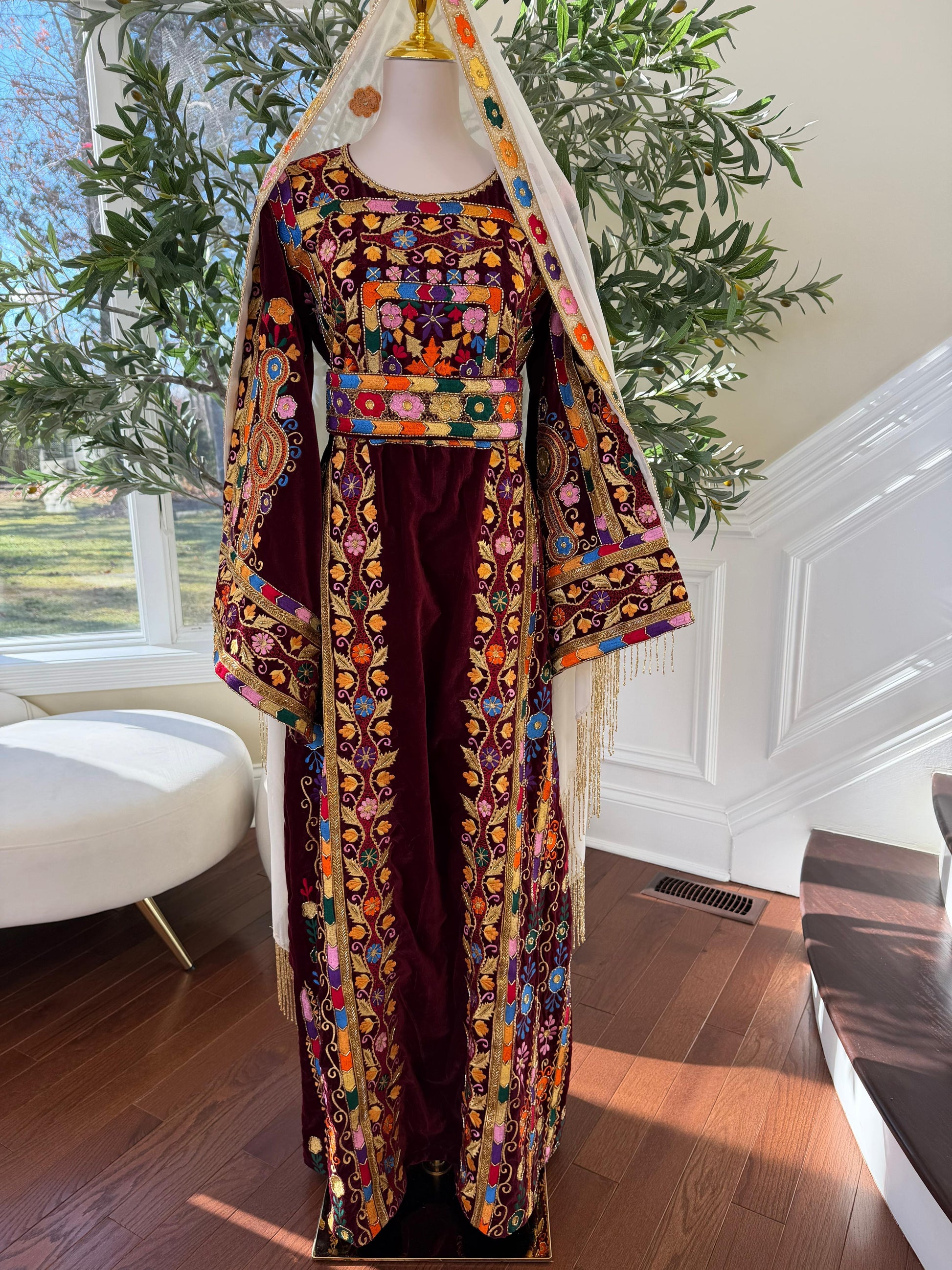 Red Velvet Handmade Embellished Beaded Thobe