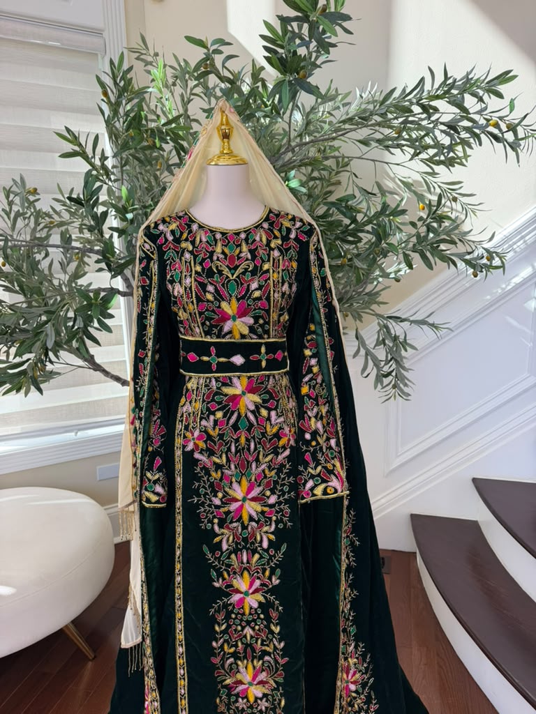 Elegant Black Palestinian Thobe with Colorful Floral Embroidery and Detachable Shoulder Cape (scarf not included)