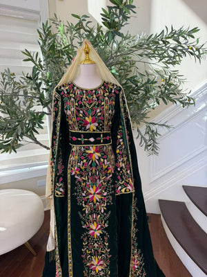 Elegant Black Palestinian Thobe with Colorful Floral Embroidery and Detachable Shoulder Cape (scarf not included)