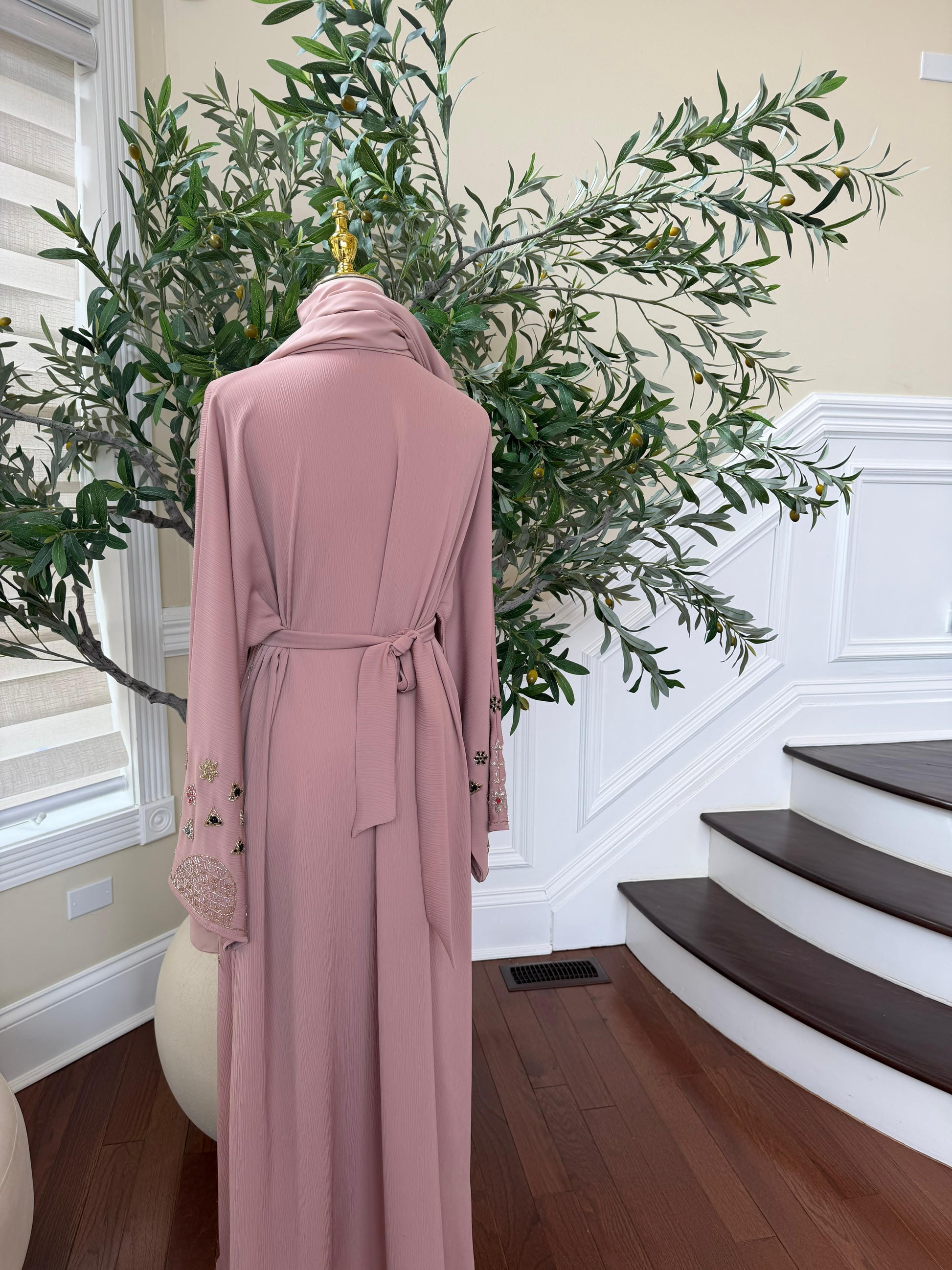 Rose Blush Floral Sleeve Beaded Abaya