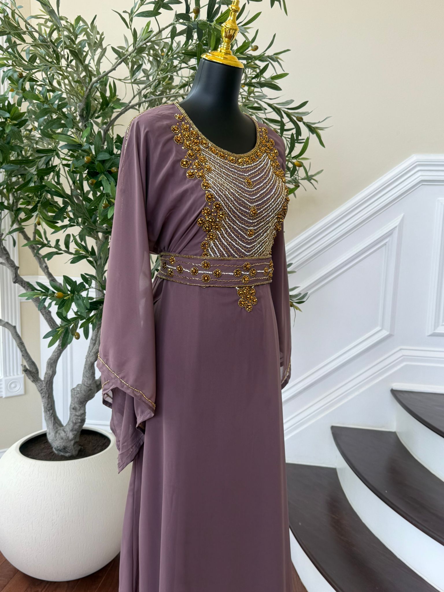 Elegant Mauve Beaded Kuftan Maxi Dress