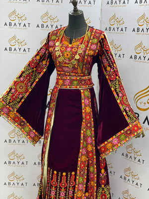 Burgundy Velvet Palestinian Embroidered Thobe with Multicolor Tatreez, Traditional Shawl & Overskirt Set