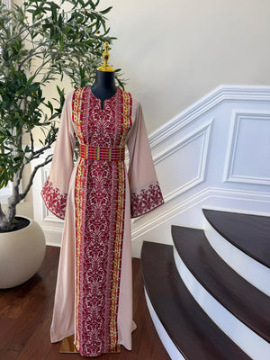Beige Red Tatreez Elegance Thobe