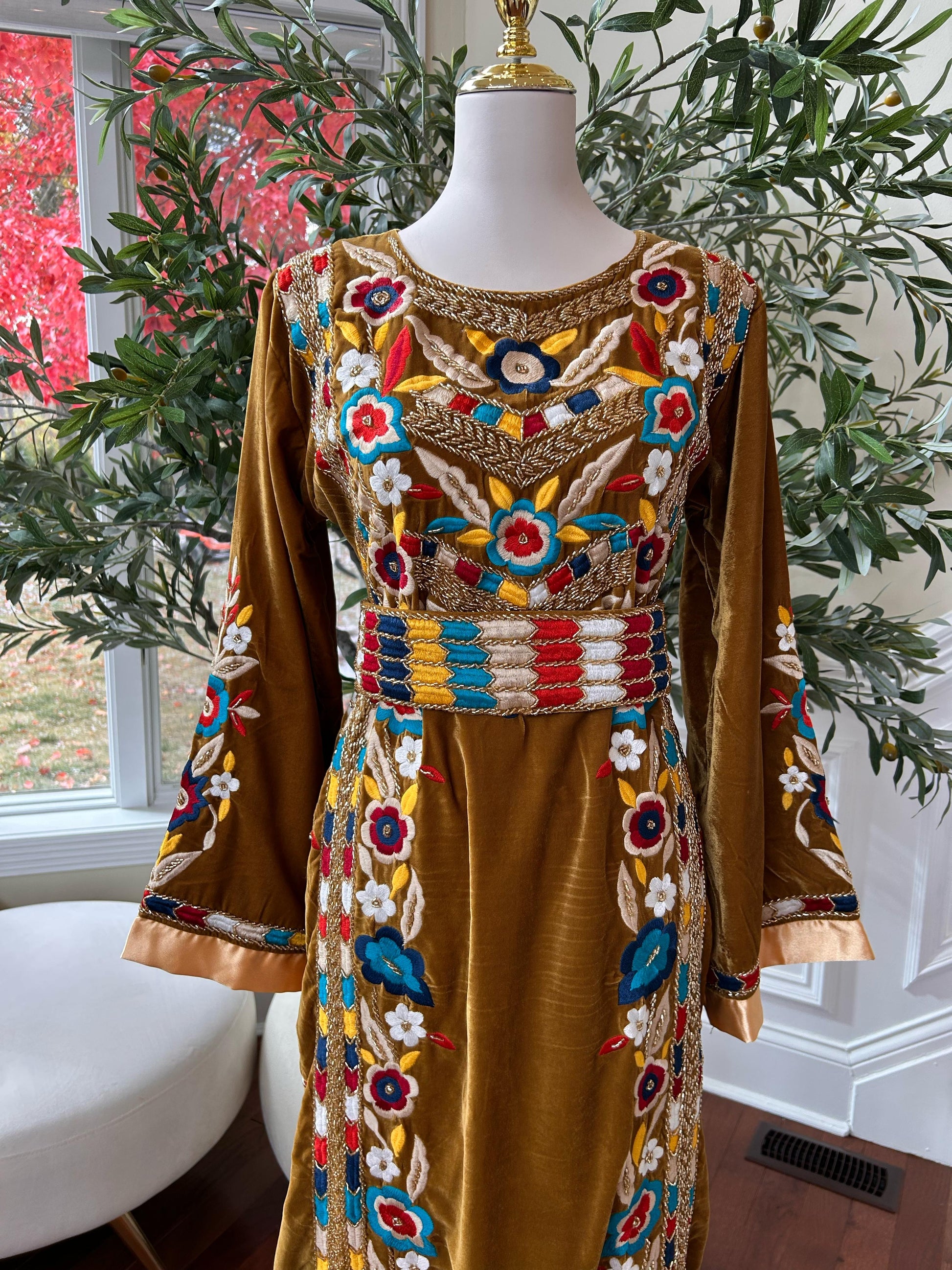 Golden Mustard Velvet Beaded Stone Thobe