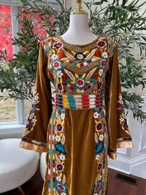 Golden Mustard Velvet Beaded Stone Thobe