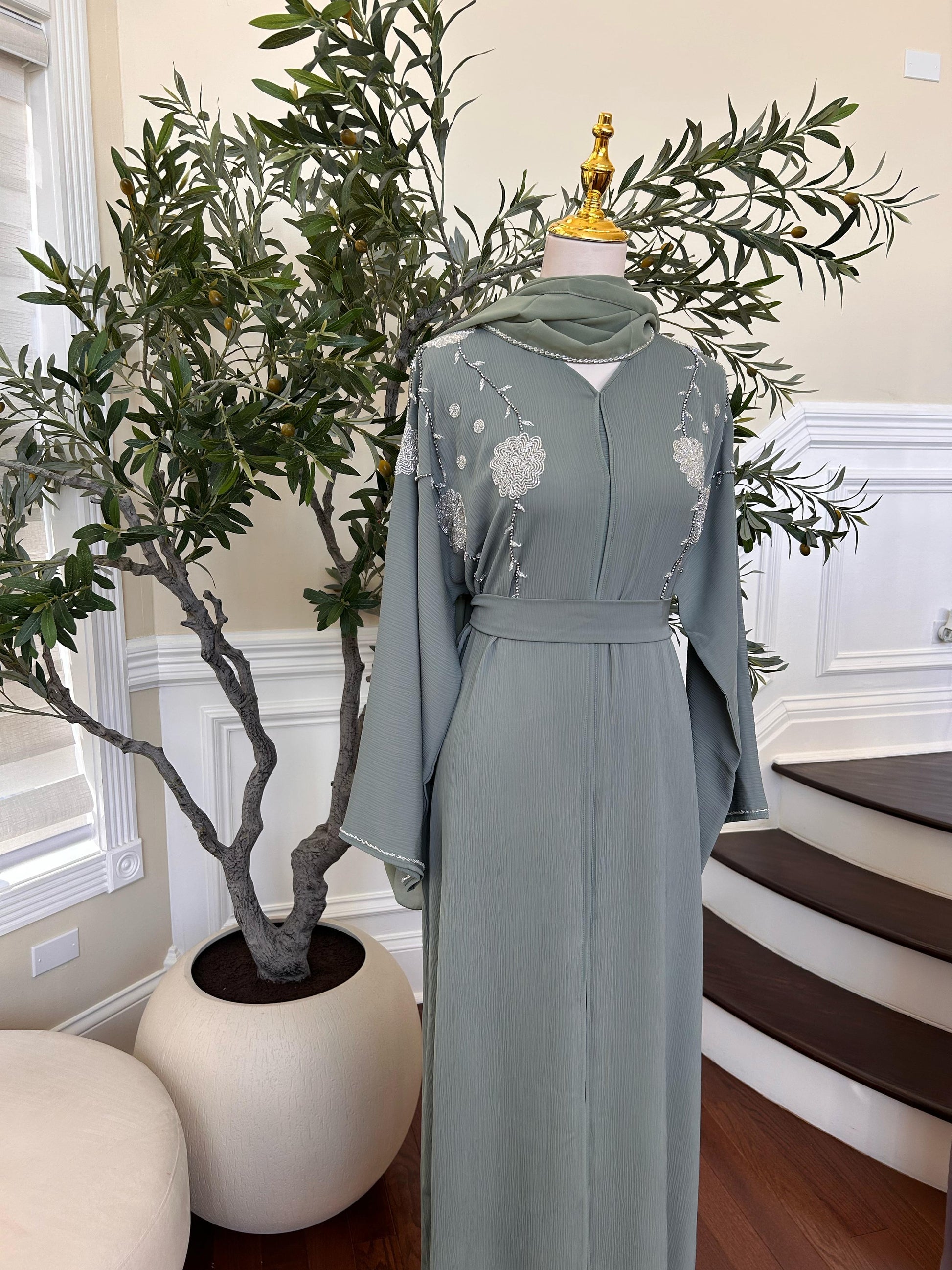 Mint Green Charm Beaded Abaya