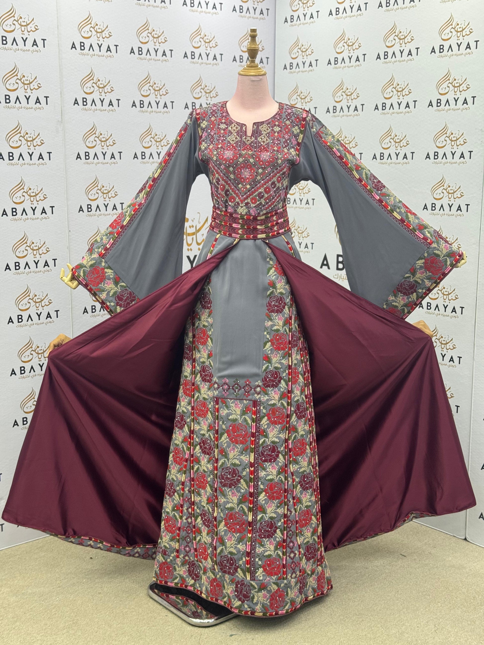 Elegant Grey & Burgundy Palestinian Embroidered Thobe – Floral Tatreez with Wide Sleeves”