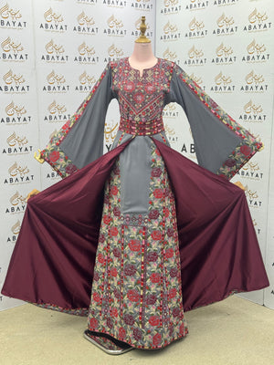Elegant Grey & Burgundy Palestinian Embroidered Thobe – Floral Tatreez with Wide Sleeves”
