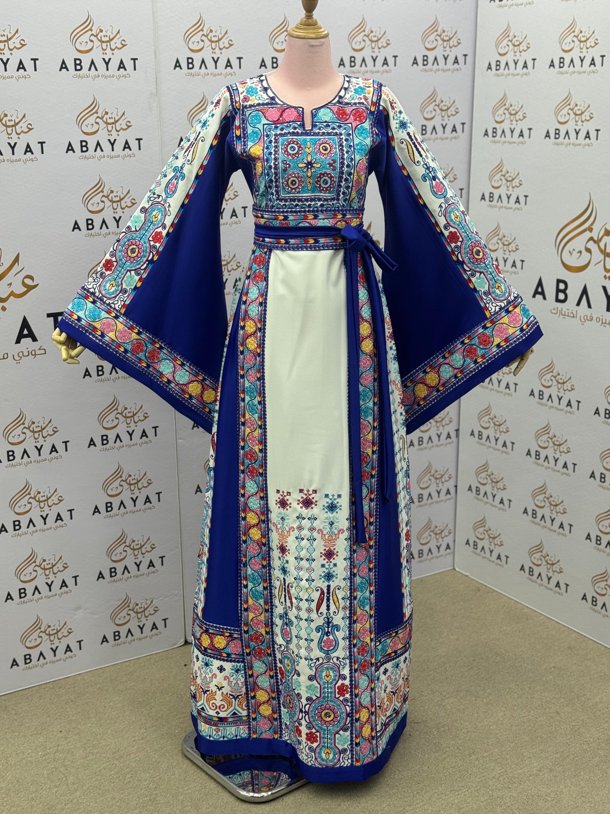 Royal Blue & White Palestinian Embroidered Thobe – Colorful Tatreez Maxi Dress with Wide Sleeves”