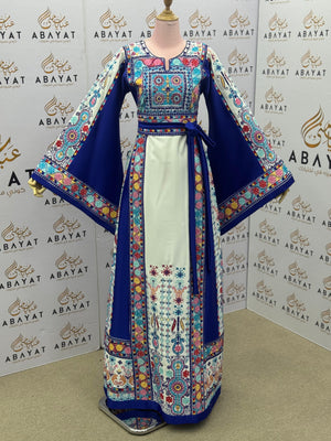 Royal Blue & White Palestinian Embroidered Thobe – Colorful Tatreez Maxi Dress with Wide Sleeves”