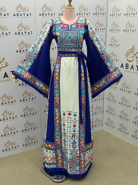 Royal Blue & White Palestinian Embroidered Thobe – Colorful Tatreez Maxi Dress with Wide Sleeves”