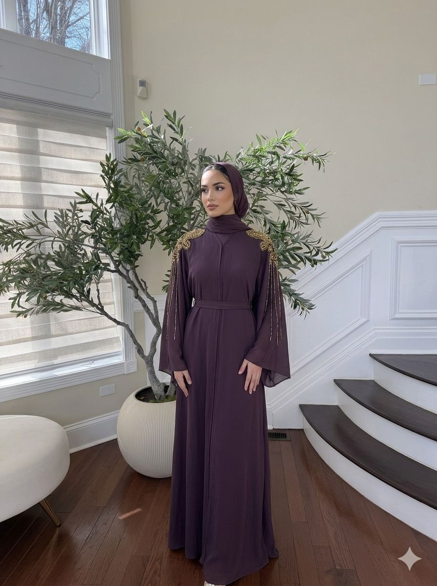 Golden Purple Sleeve Beaded Abaya