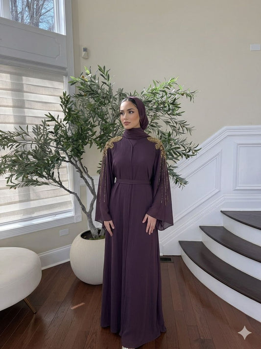 Golden Purple Sleeve Beaded Abaya