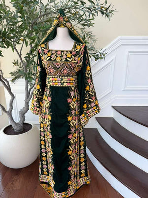 Velvet Green Embroidery Stone Beaded Thobe