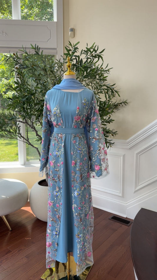 Sky Blue Ethereal Bloom Abaya