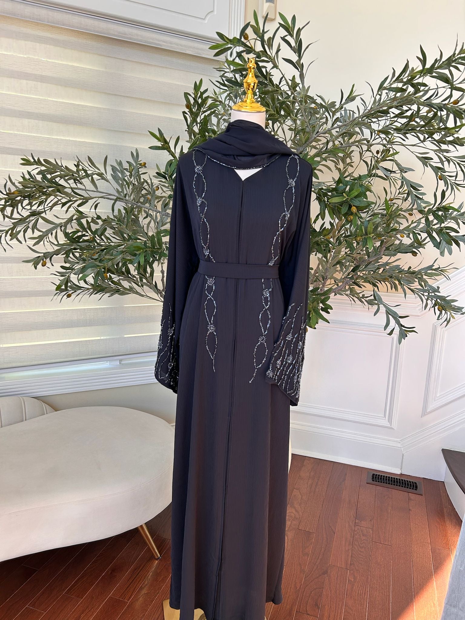 Navy Blue Floral Charm Abaya