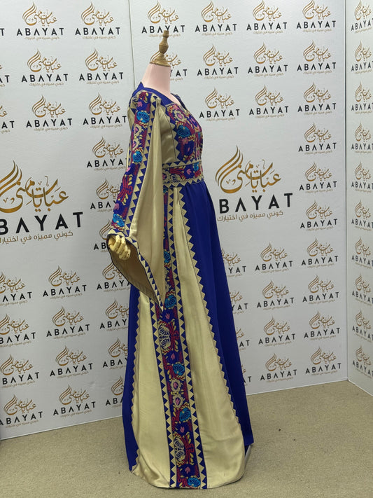 Traditional Palestinian Thobe in Royal Blue with Gold Accents and Multicolor Tatreez