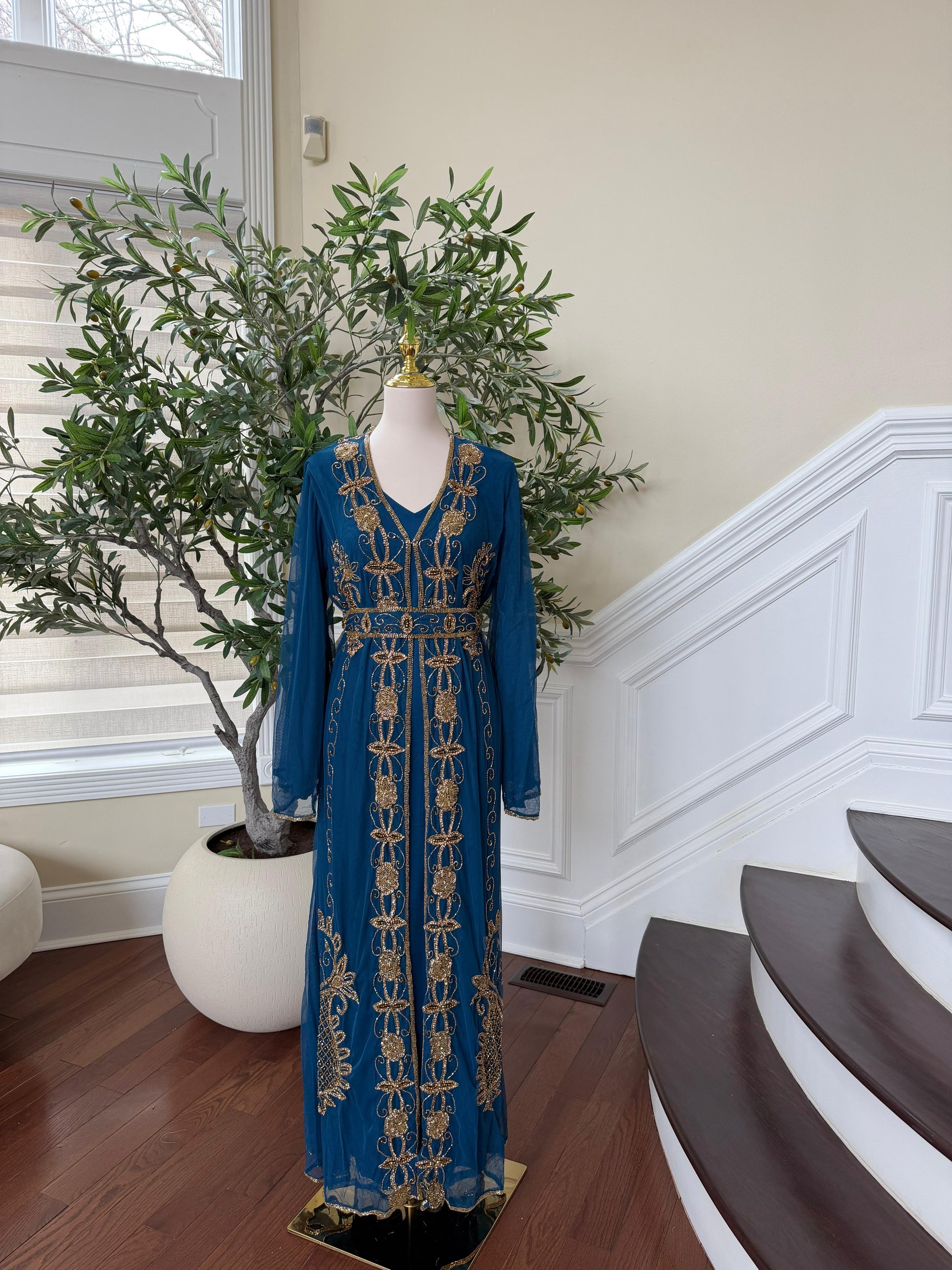 Golden Turquoise Detail Stone Cardigan Abaya