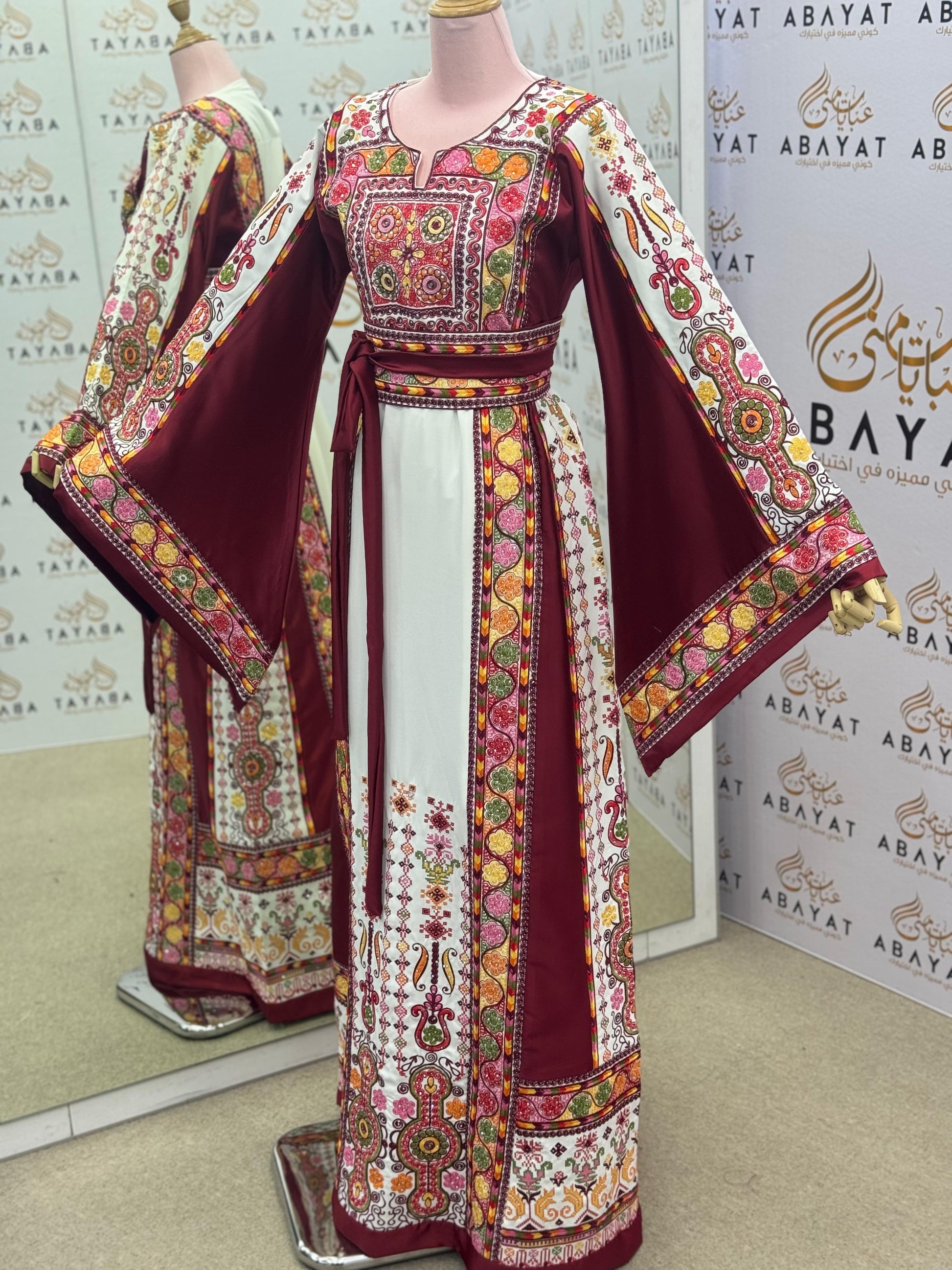 Ivory & Burgundy Palestinian Embroidered Thobe – Multicolor Tatreez Dress with Wide Sleeves”