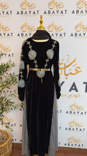 Black Velvet Grey Rose Abaya