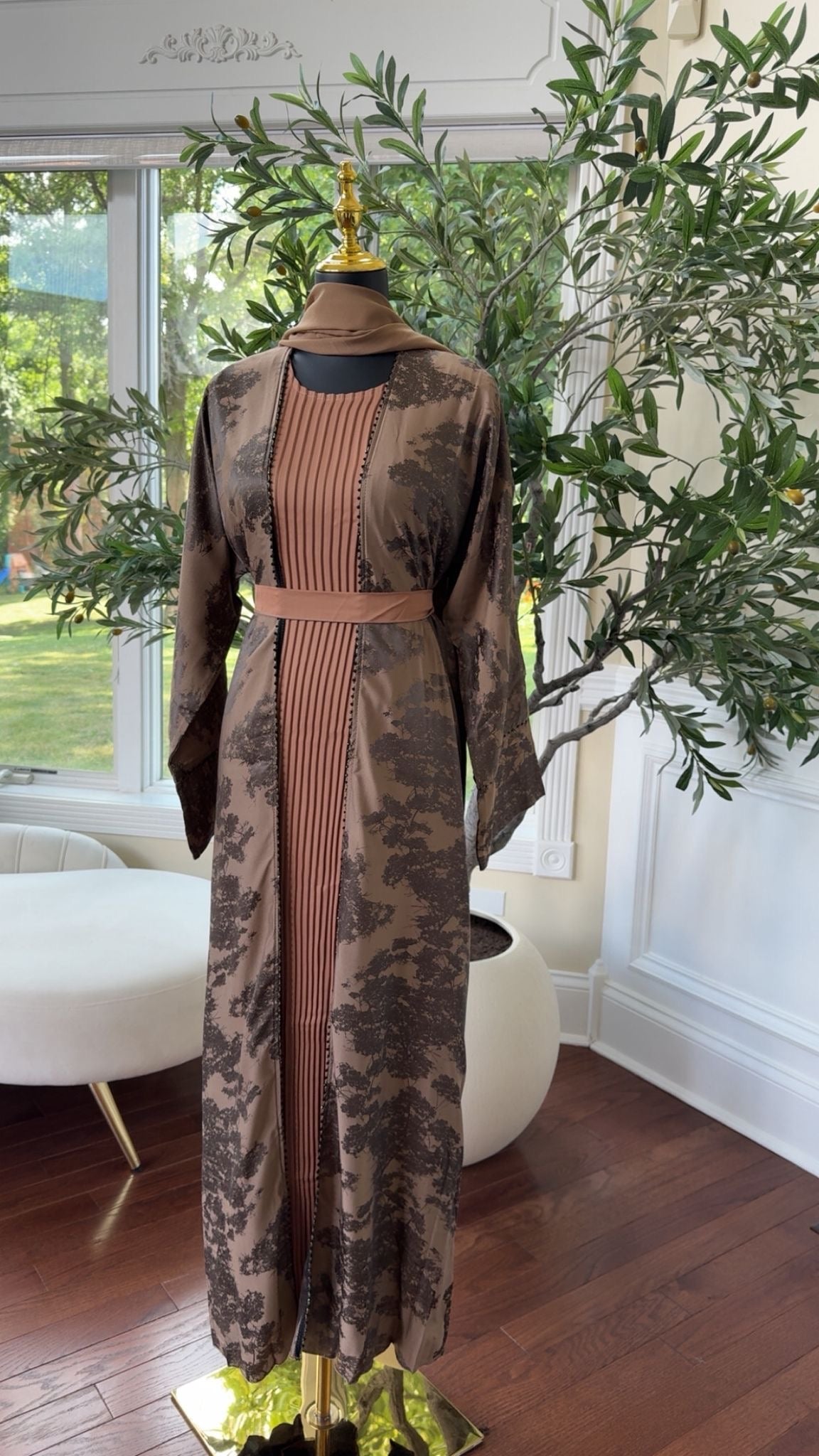 Floral Nude Brown Cardigan Abaya