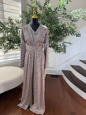 Elegant Mauve Embroidered Kaftan with Silver Beadwork