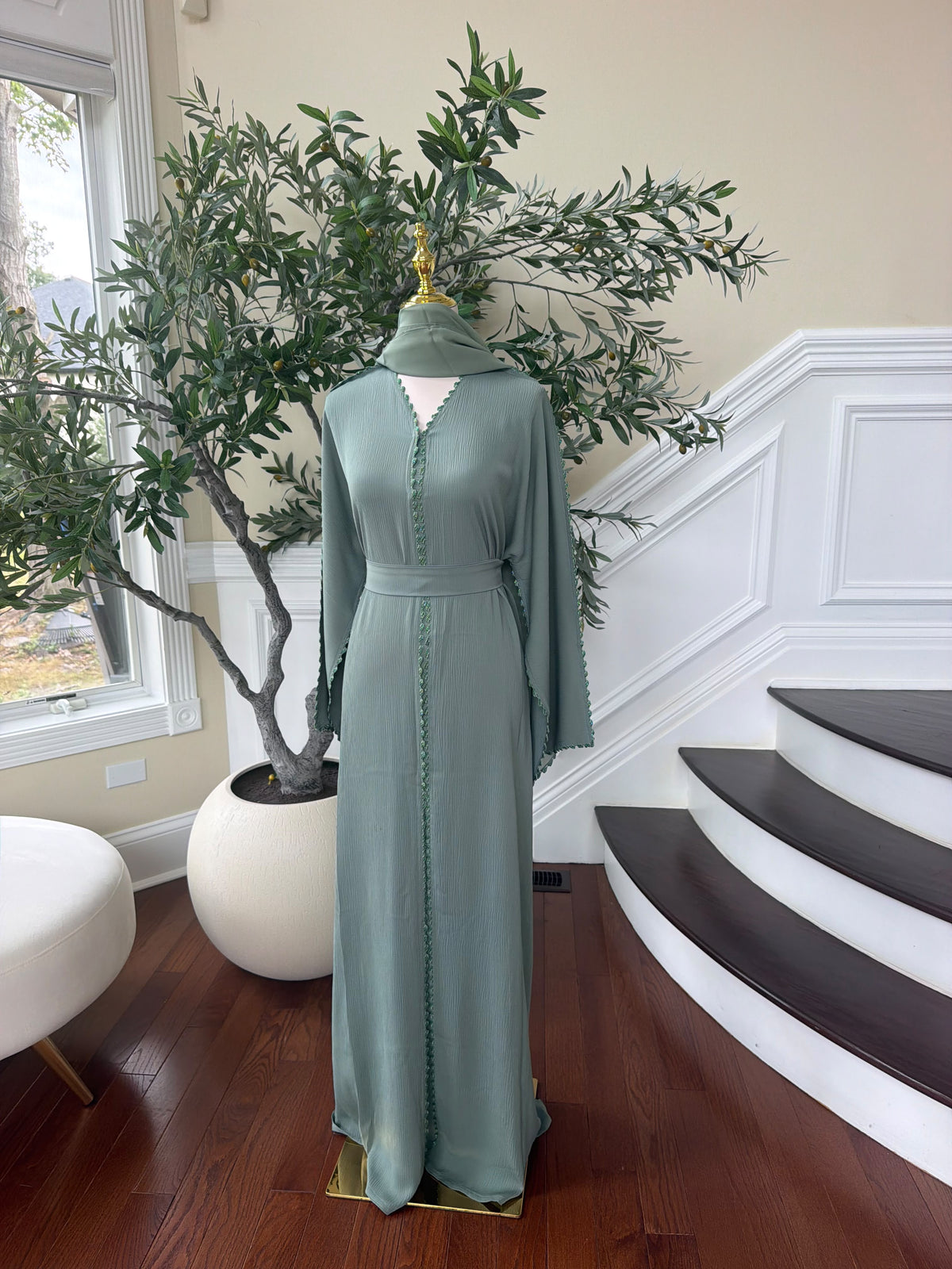 Mint Elegance Beaded Abaya