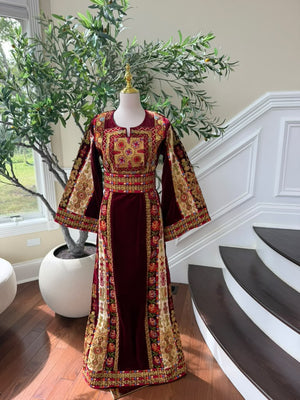 Burgundy Embroidery Tatreez Velvet Thobe