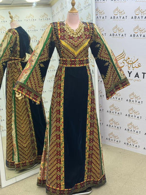 Premium Palestinian Velvet Thobe – Black & Olive Green Embroidery