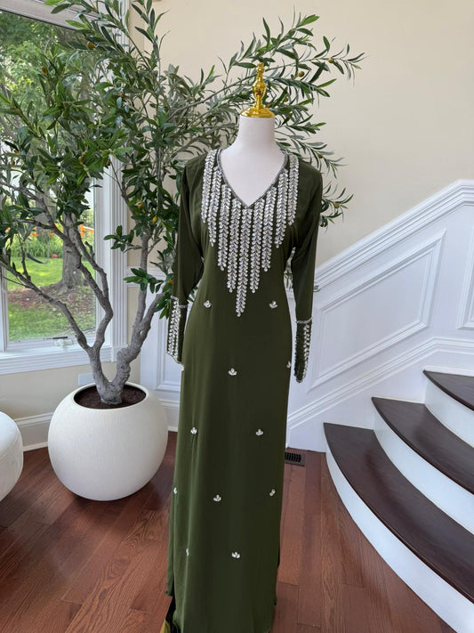Olive Forest Bloom – Modest Kaftan with Hand-Embellished Neck & Sleeves