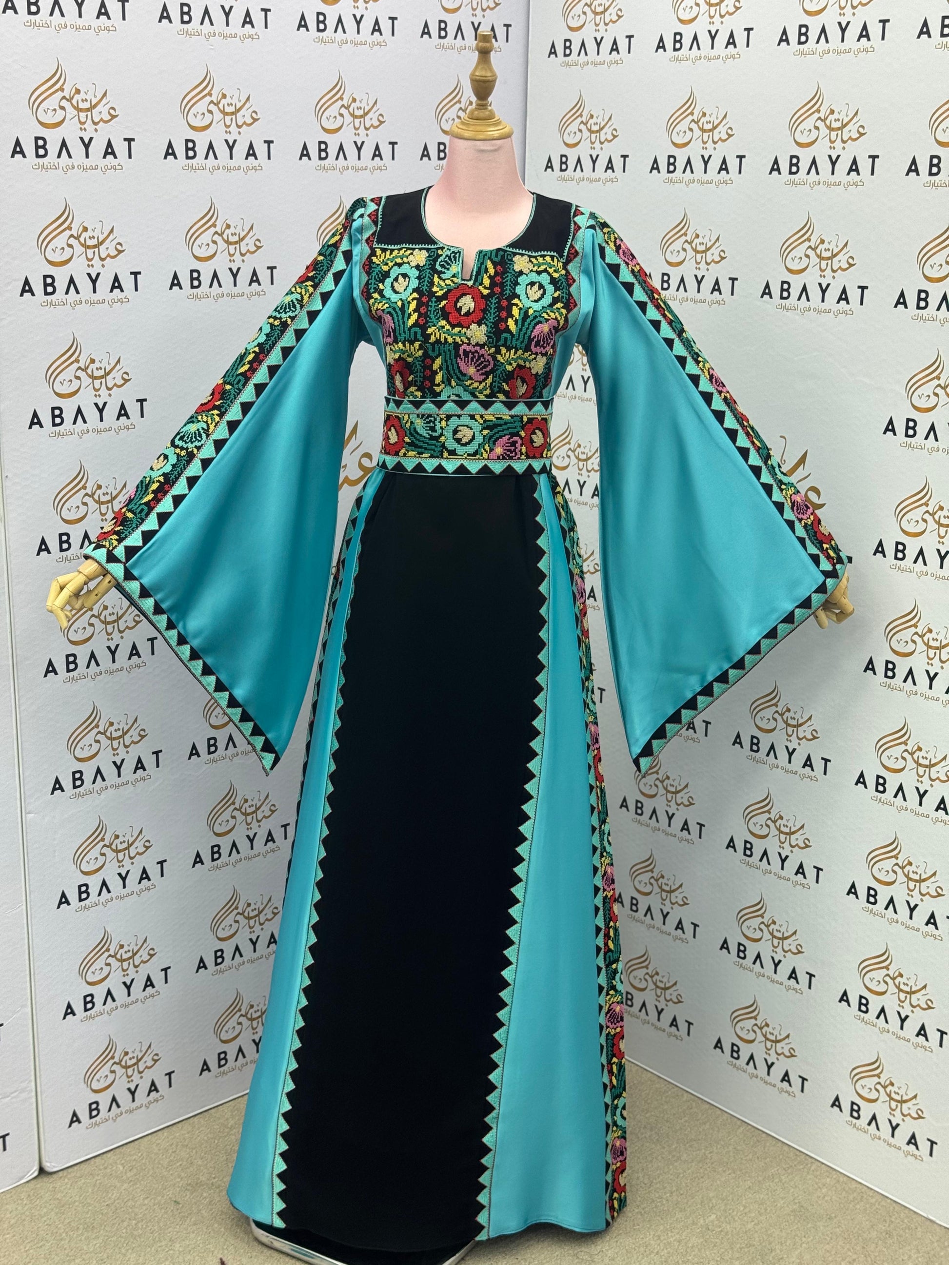 Turquoise & Black Palestinian Embroidery Thobe – Vibrant Heritage Elegance A09102025