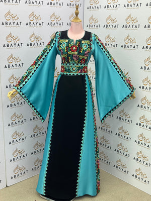 Turquoise & Black Palestinian Embroidery Thobe – Vibrant Heritage Elegance A09102025